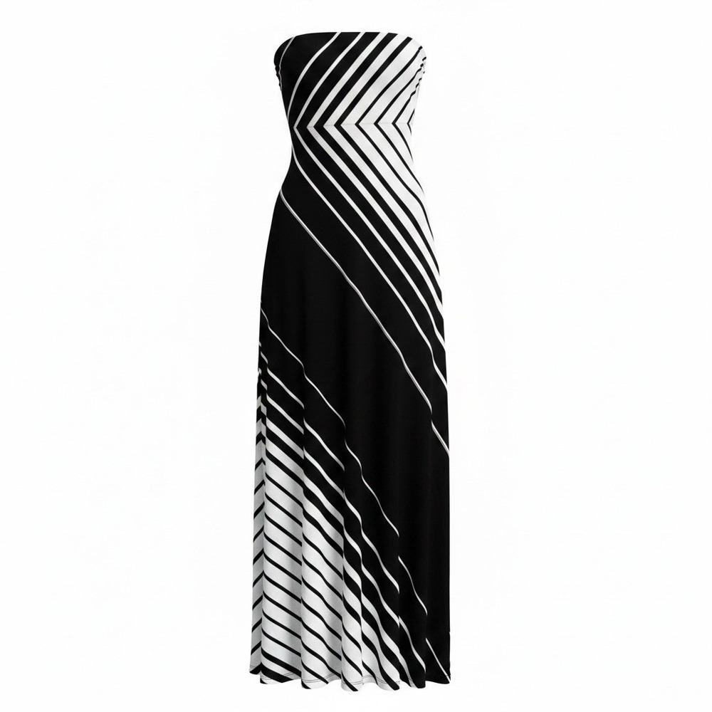 White House Black Market XXS Strapless Maxi Dress Black White Geometric Stripe